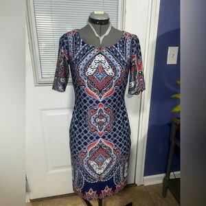 ANTONIO MELANI Navy, Red & White Printed Midi Sheath Dress